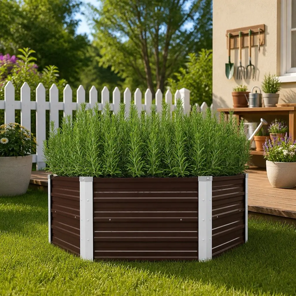 Hexagon Raised Garden Bed Brown Galvanised Steel 129x129x45cm Planter for Vegetables and Herbs