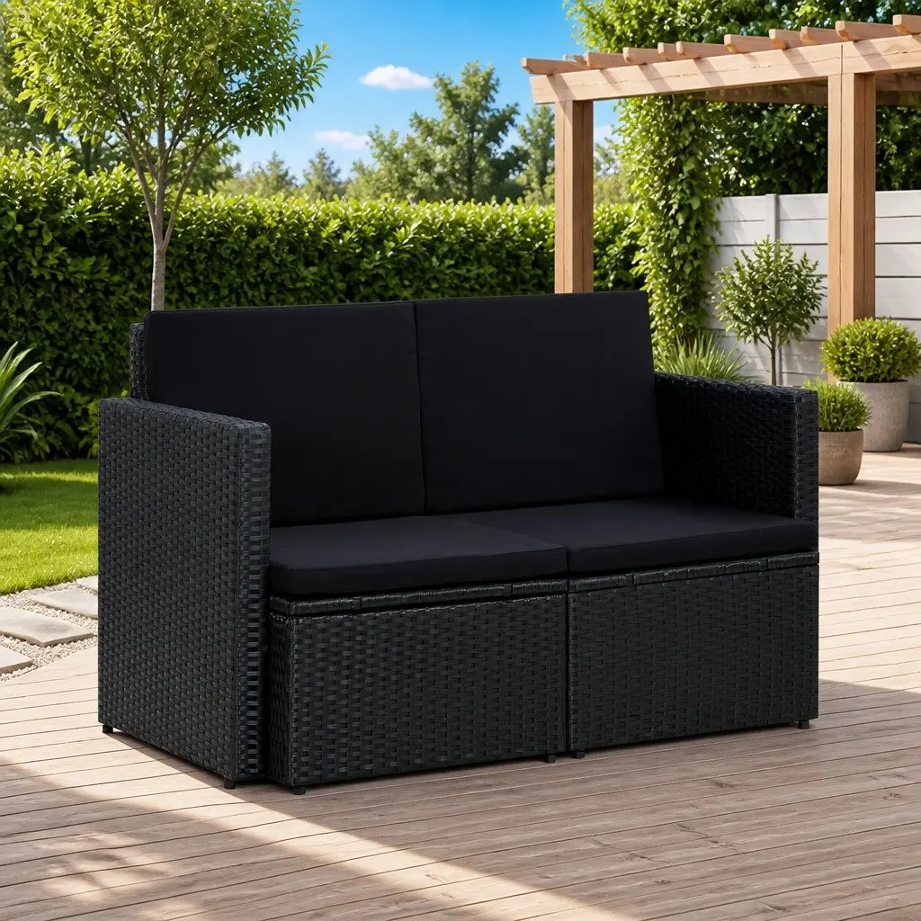 2 Seater Outdoor Sofa Garden Patio Furniture Black Poly Rattan with Cushions