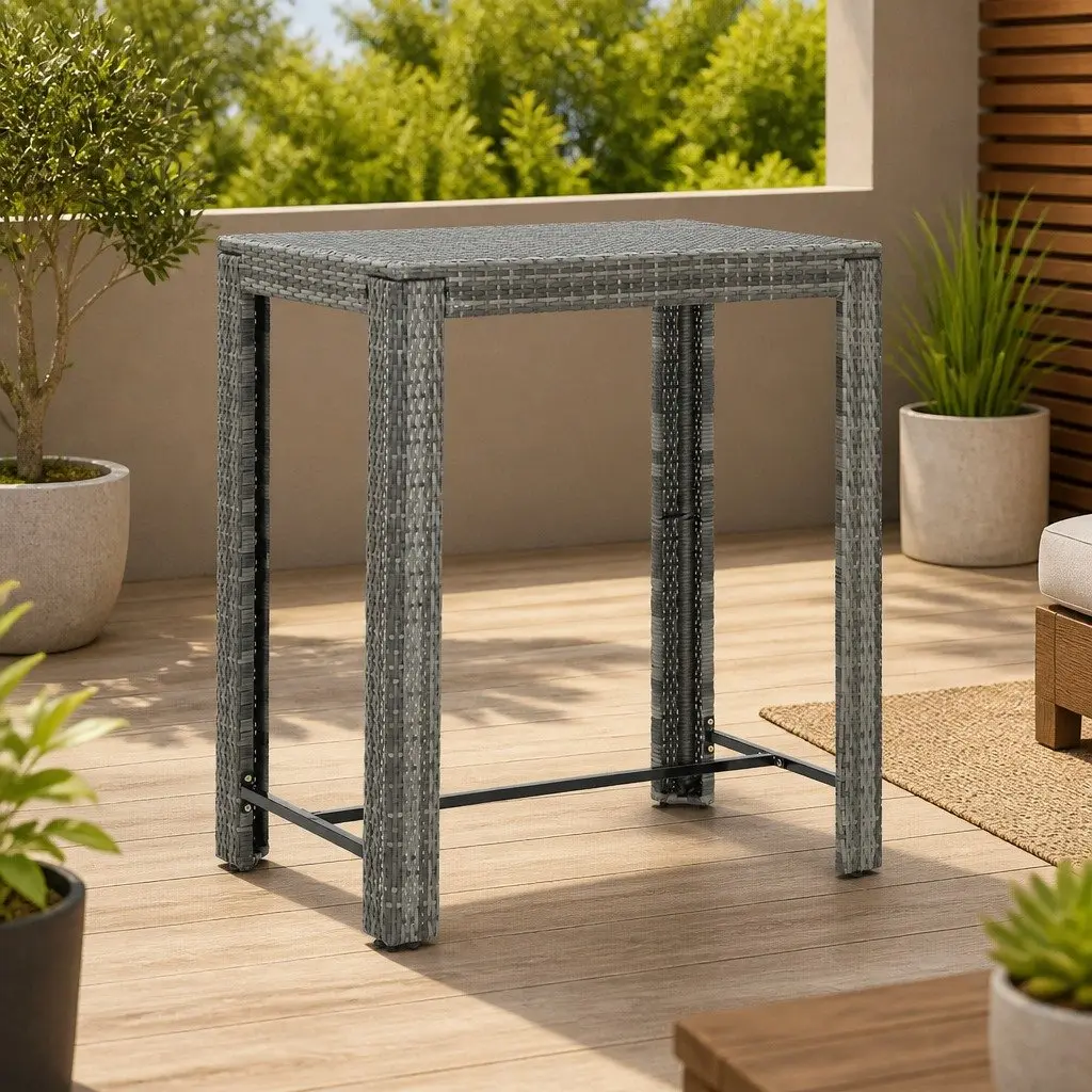 Outdoor Bar Table Grey Poly Rattan Patio Garden High Top Counter Height 100 x 60.5 x 110.5 cm