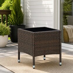 Garden Table: 40x40x45cm Brown Rattan & Glass Design