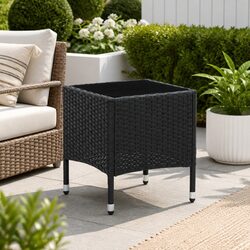 Black Garden Table - Specs: 40x40x45cm, Glass Top