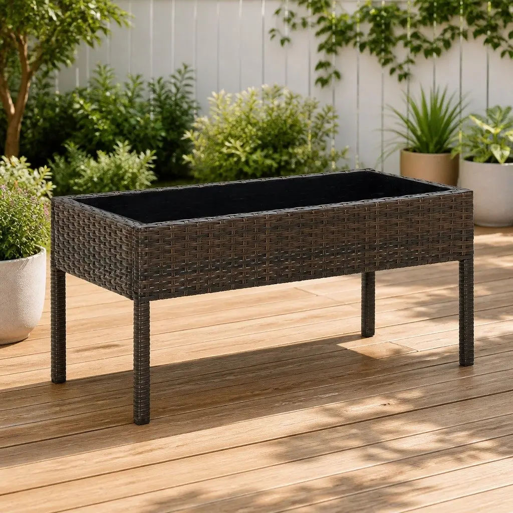 Garden Table Outdoor Patio Furniture Brown 75 x 40 x 37 cm Poly Rattan Glass Top Steel Frame