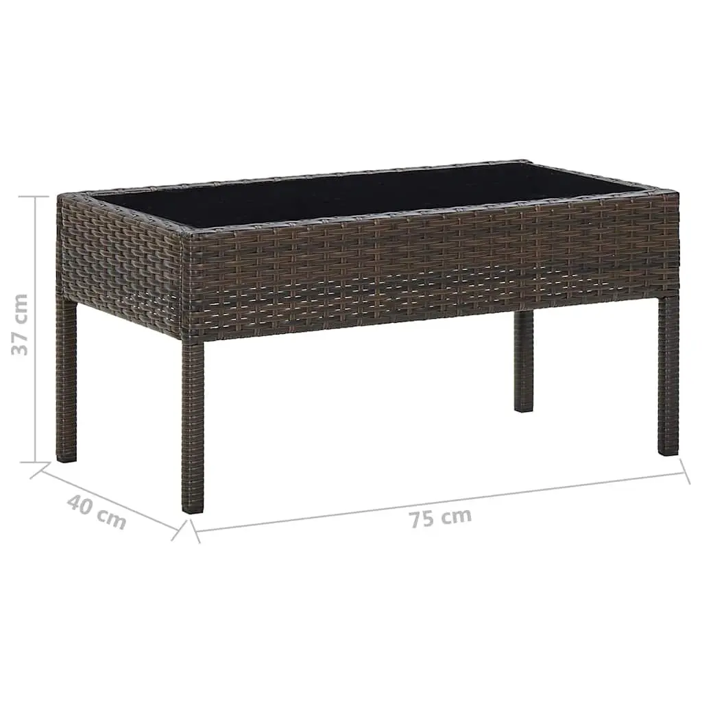 Garden Table Outdoor Patio Furniture Brown 75 x 40 x 37 cm Poly Rattan Glass Top Steel Frame
