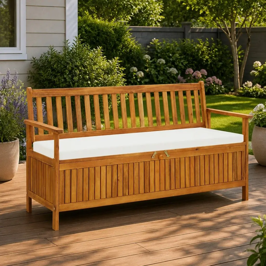 Outdoor Storage Bench 148cm for Garden Patio Brown Acacia Wood with Cushion