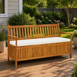 148cm Outdoor Storage Bench with Cushion: Solid Acacia Wood