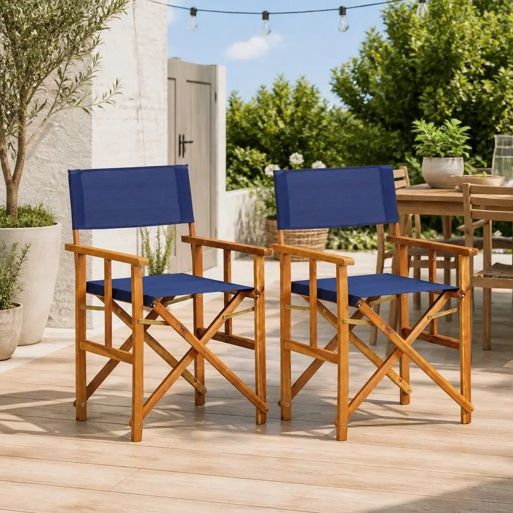 Folding Director's Chairs Set of 2 Outdoor Camping Beach Seating Blue