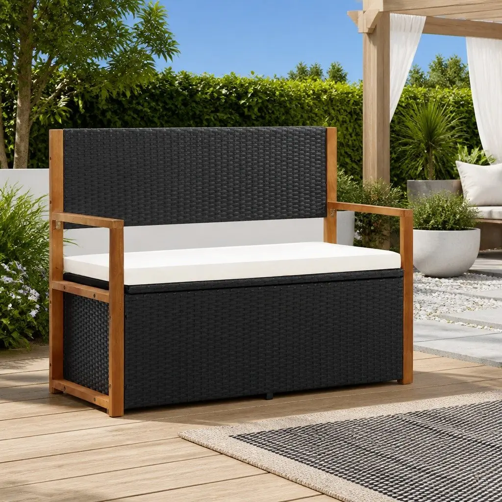 Black Poly Rattan Garden Storage Bench 115cm