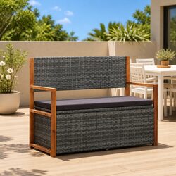 Outdoor Storage Bench - 115cm Grey Poly Rattan & Wood