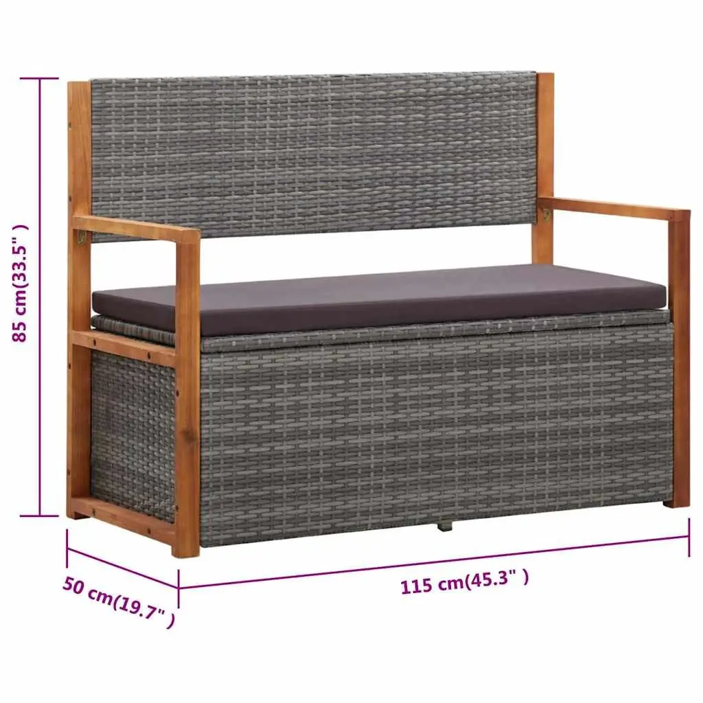 Outdoor Storage Bench Garden 115cm Poly Rattan Acacia Wood Grey