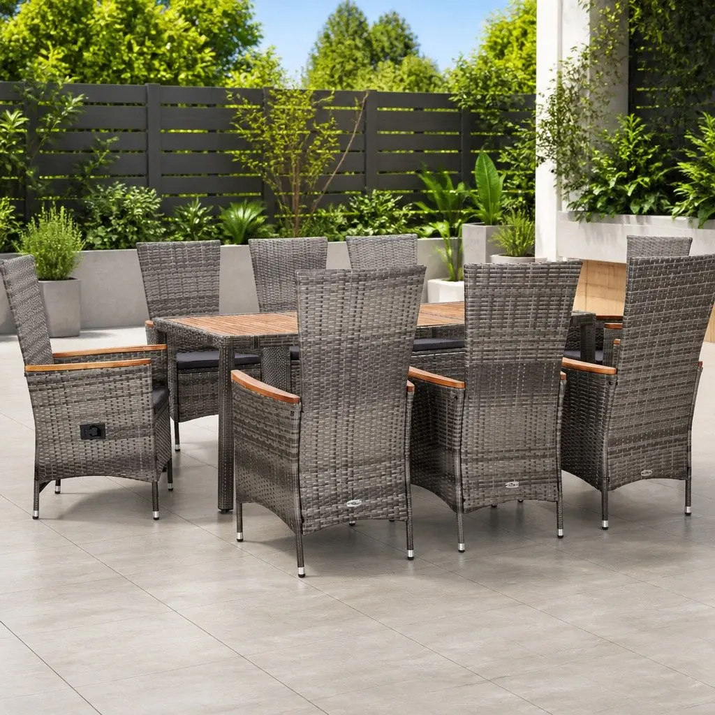9 Piece Outdoor Dining Set Grey Poly Rattan Garden Furniture with Cushions and Adjustable Chairs for Patio Use