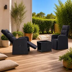 3 Piece Bistro Set: Black Poly Rattan with Cushions