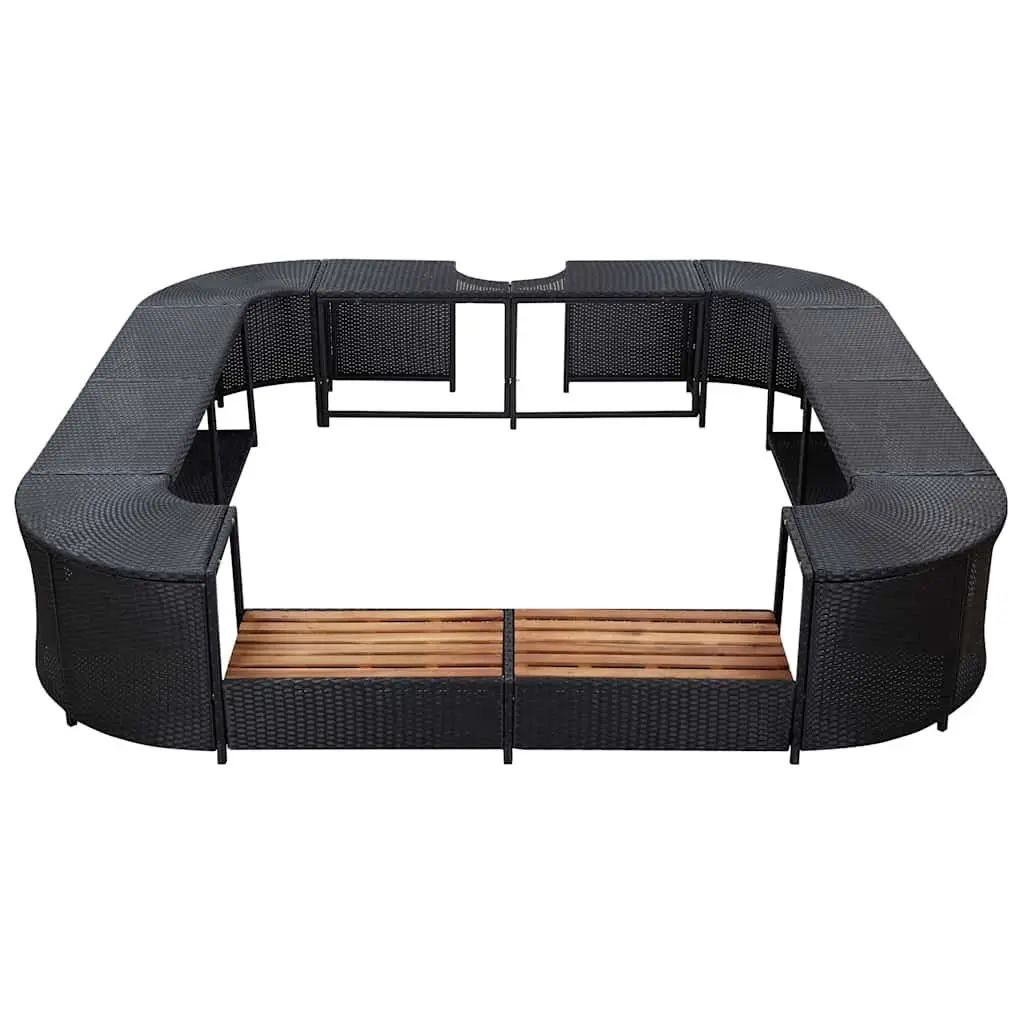 Square Spa Surround for Hot Tub Area 268 x 268 cm Black Poly Rattan with Steel Frame and Solid Wood Steps
