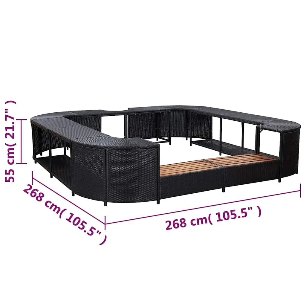 Square Spa Surround for Hot Tub Area 268 x 268 cm Black Poly Rattan with Steel Frame and Solid Wood Steps