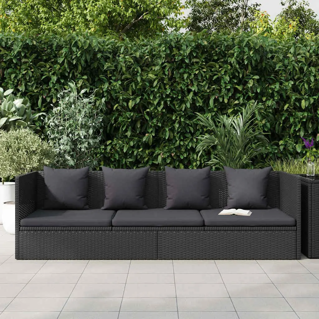 Garden Sun Lounger Bed with Cushion and Pillow, Poly Rattan Outdoor Sofa, Black