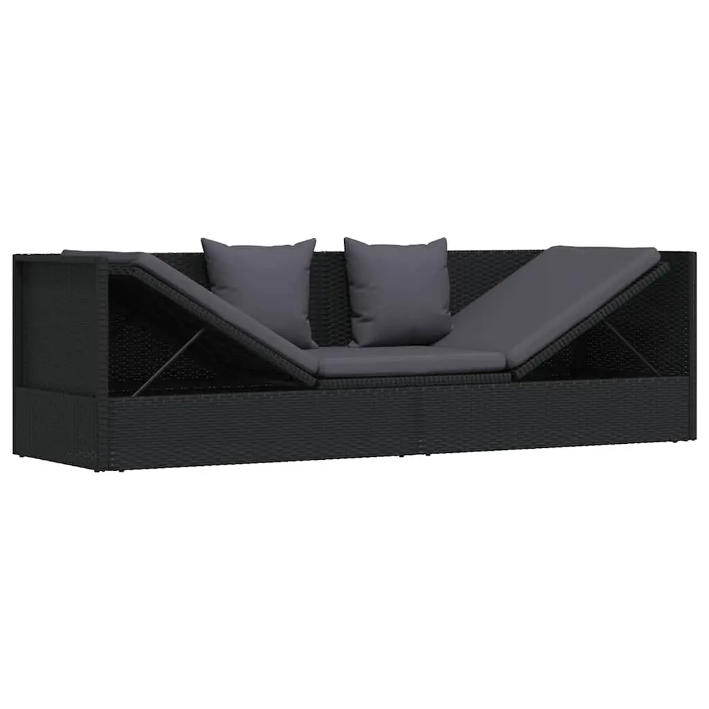 Garden Sun Lounger Bed with Cushion and Pillow, Poly Rattan Outdoor Sofa, Black