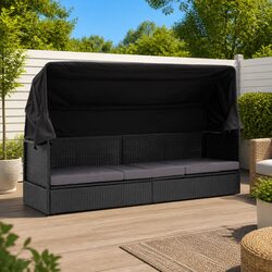 Outdoor Daybed Sun Lounger with Canopy Poly Rattan Garden Patio Furniture Black