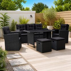 6 Piece Garden Lounge Set: Poly Rattan, Steel Frame, Black
