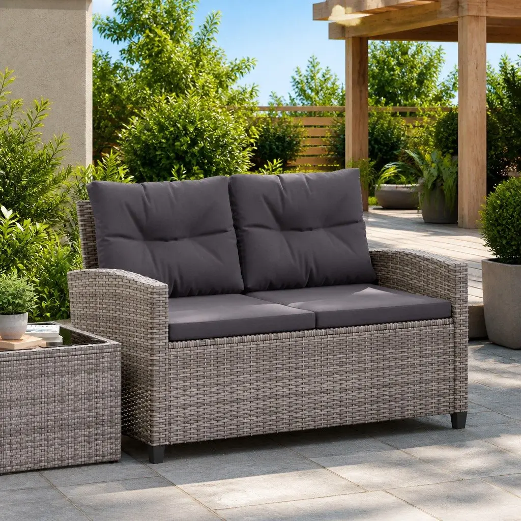 2-Seater Garden Sofa for Patio Grey Poly Rattan 124cm