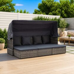 Garden Lounge Bed with Roof Outdoor Daybed Sun Lounger Poly Rattan Grey Patio