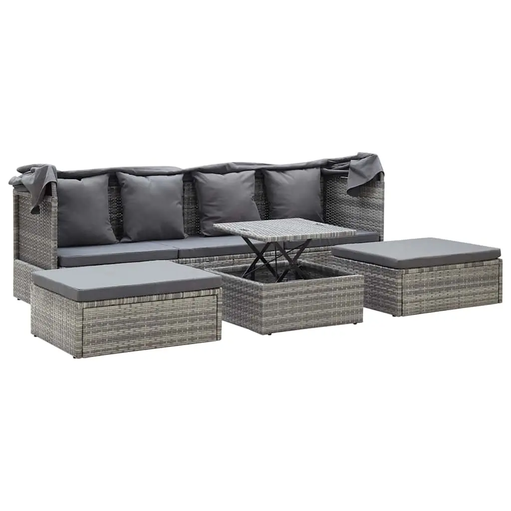 Garden Lounge Bed with Roof Outdoor Daybed Sun Lounger Poly Rattan Grey Patio