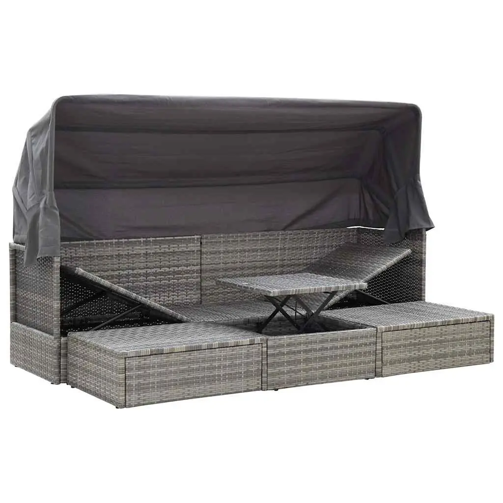 Garden Lounge Bed with Roof Outdoor Daybed Sun Lounger Poly Rattan Grey Patio