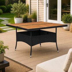 Outdoor Dining Table 4 Seater Patio Furniture Black PE Rattan Acacia Wood Top