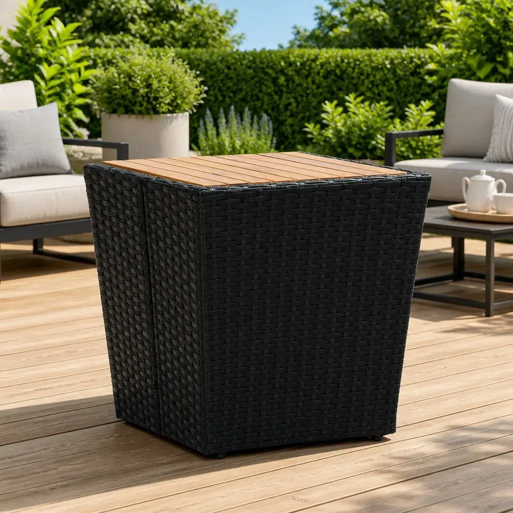Outdoor Tea Table for Garden Patio 41.5 x 41.5 x 43 cm Black Rattan Steel Frame Acacia Wood