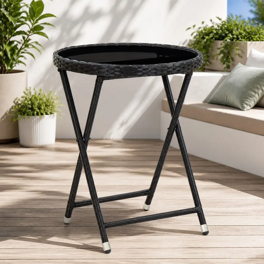 Outdoor Tea Table for Garden and Patio 60 cm Black Poly Rattan Tempered Glass Folding