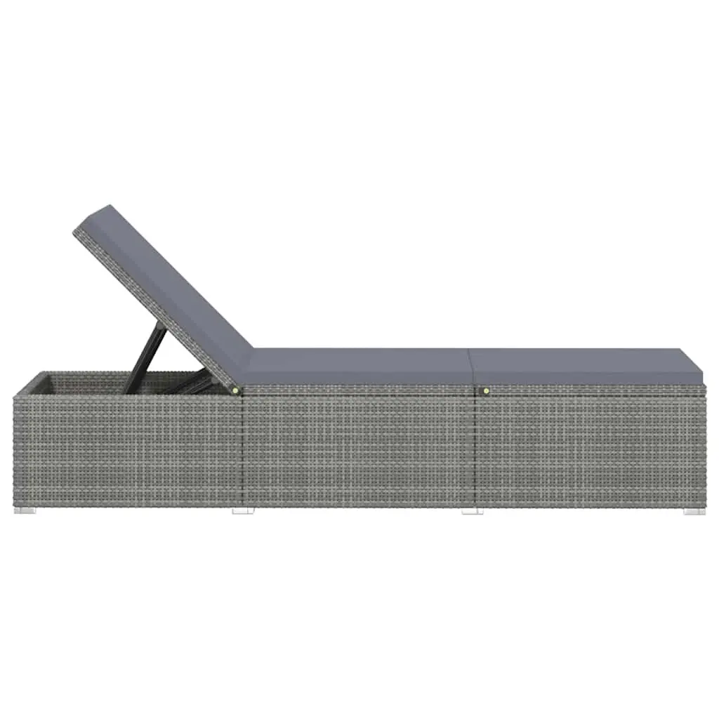 Sun Lounger with Cushion Poly Rattan Grey Outdoor Seating Relaxing Patio Garden