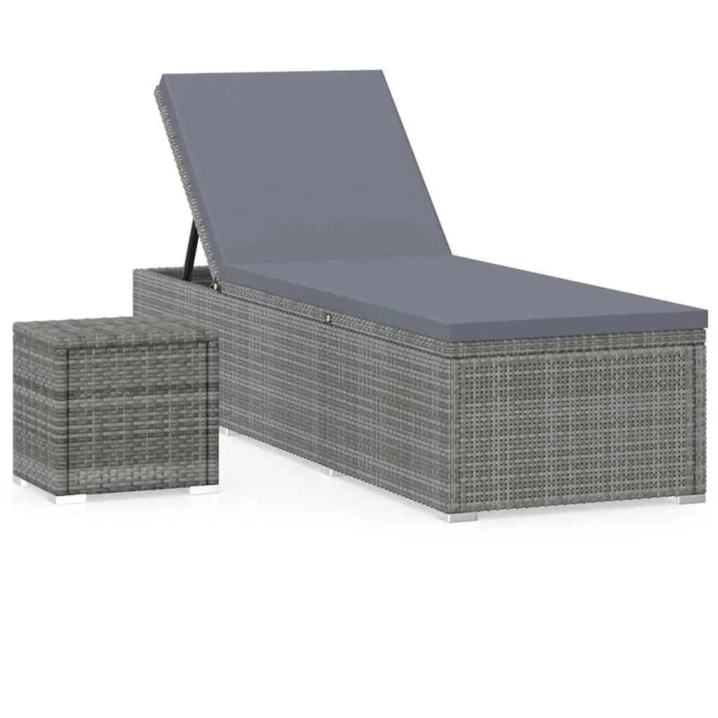 Sun Lounger for Outdoor Use with Cushion and Tea Table Grey Poly Rattan