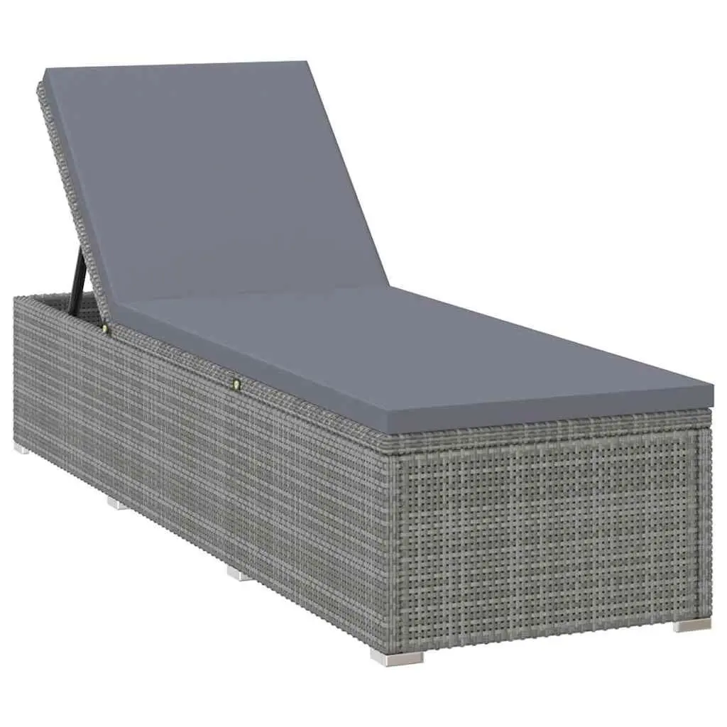 Sun Lounger for Outdoor Use with Cushion and Tea Table Grey Poly Rattan