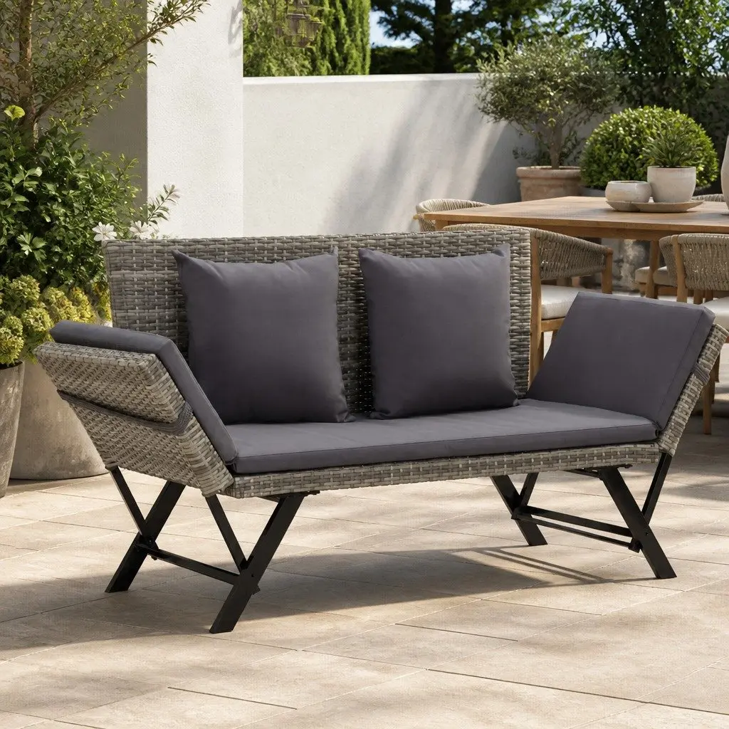 Outdoor Garden Bench Patio 176cm Grey Poly Rattan Adjustable Sun Bed with Cushions