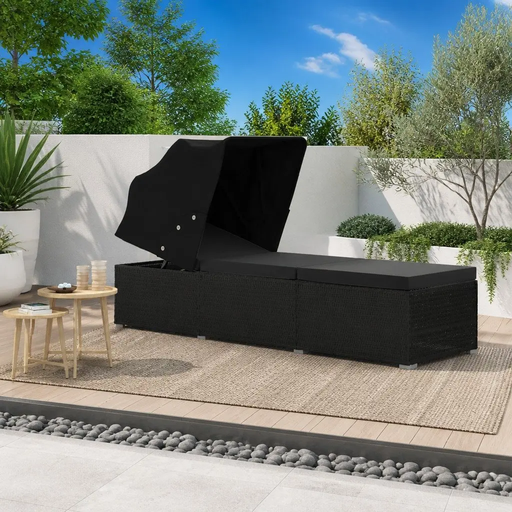 Sun Lounger with Canopy and Cushion for Outdoor Patio Black