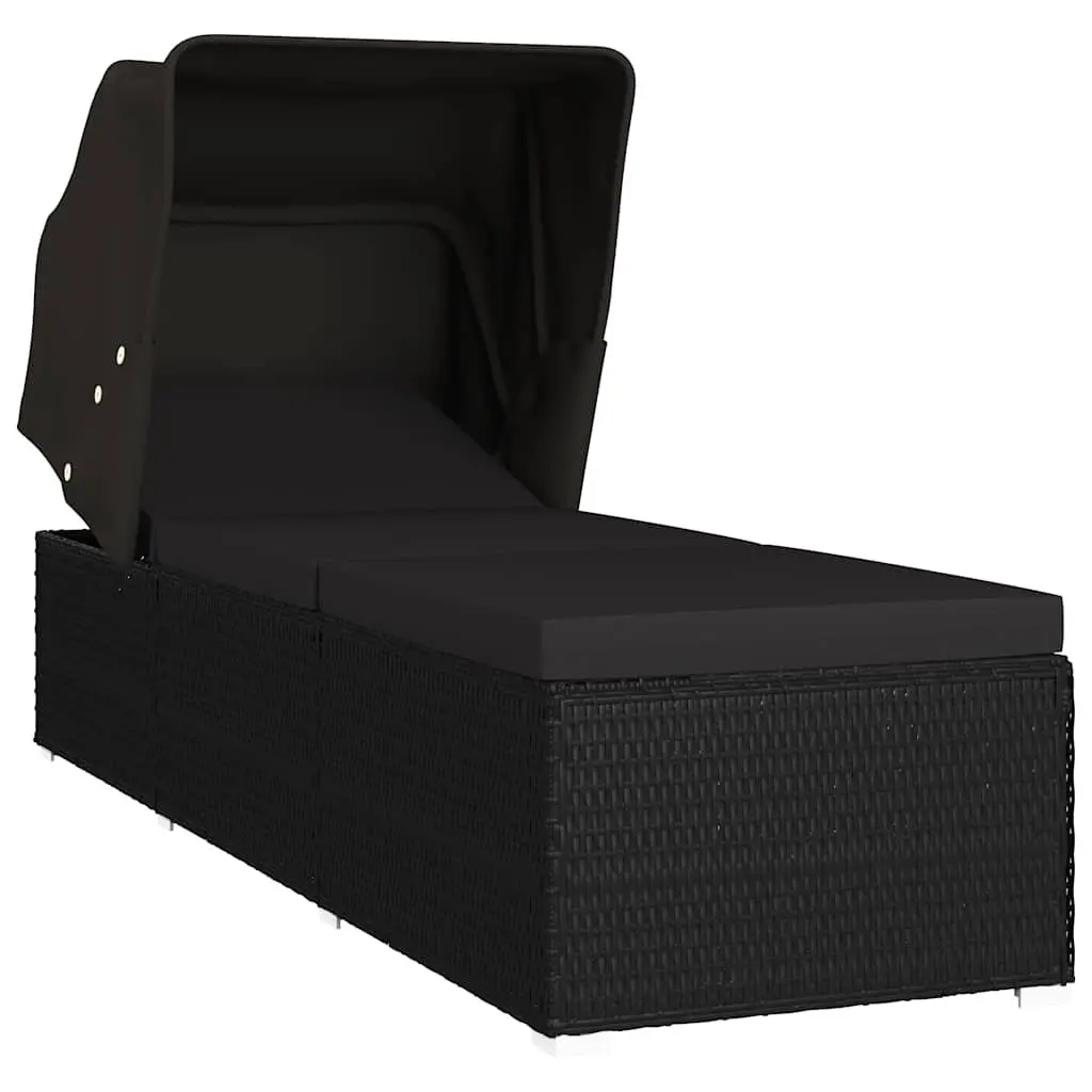 Sun Lounger with Canopy and Cushion for Outdoor Patio Black