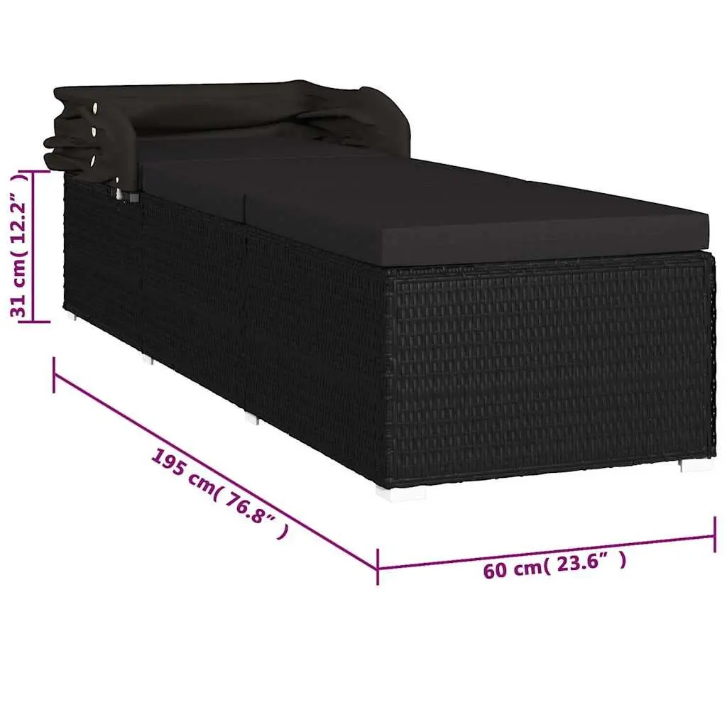 Sun Lounger with Canopy and Cushion for Outdoor Patio Black