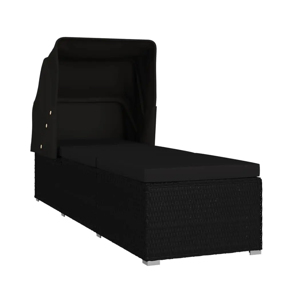 Sun Lounger with Canopy and Cushion for Outdoor Patio Black