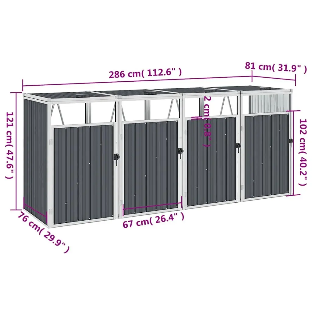 Quadruple Garbage Bin Shed Garden Waste Container Storage Grey 286x81x121cm