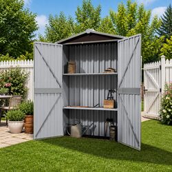 Garden Shed Specifications: Brown Steel Double Doors and Shelves