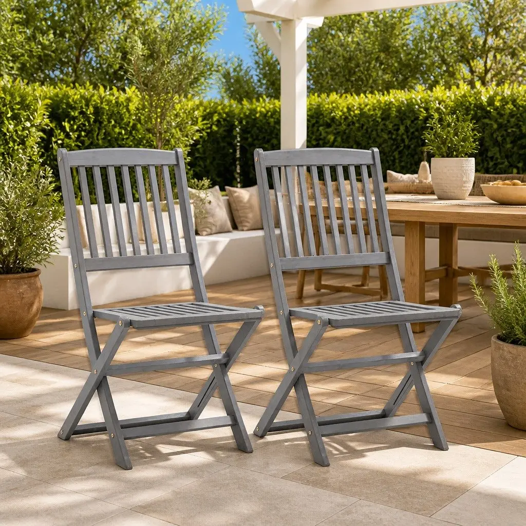 Folding Outdoor Chairs Garden Patio 2 Pcs Grey Solid Acacia Wood