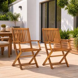 Folding Chairs Set - 2 Brown Acacia Wood Outdoor Seats