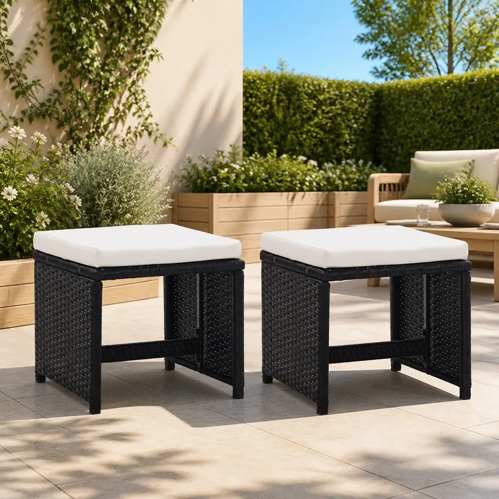 Garden Stools Set 2 pcs Outdoor Use Black Poly Rattan with Cushions
