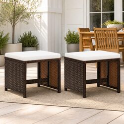 Garden Stools Set - 2 Cushioned Rattan Seats, Brown
