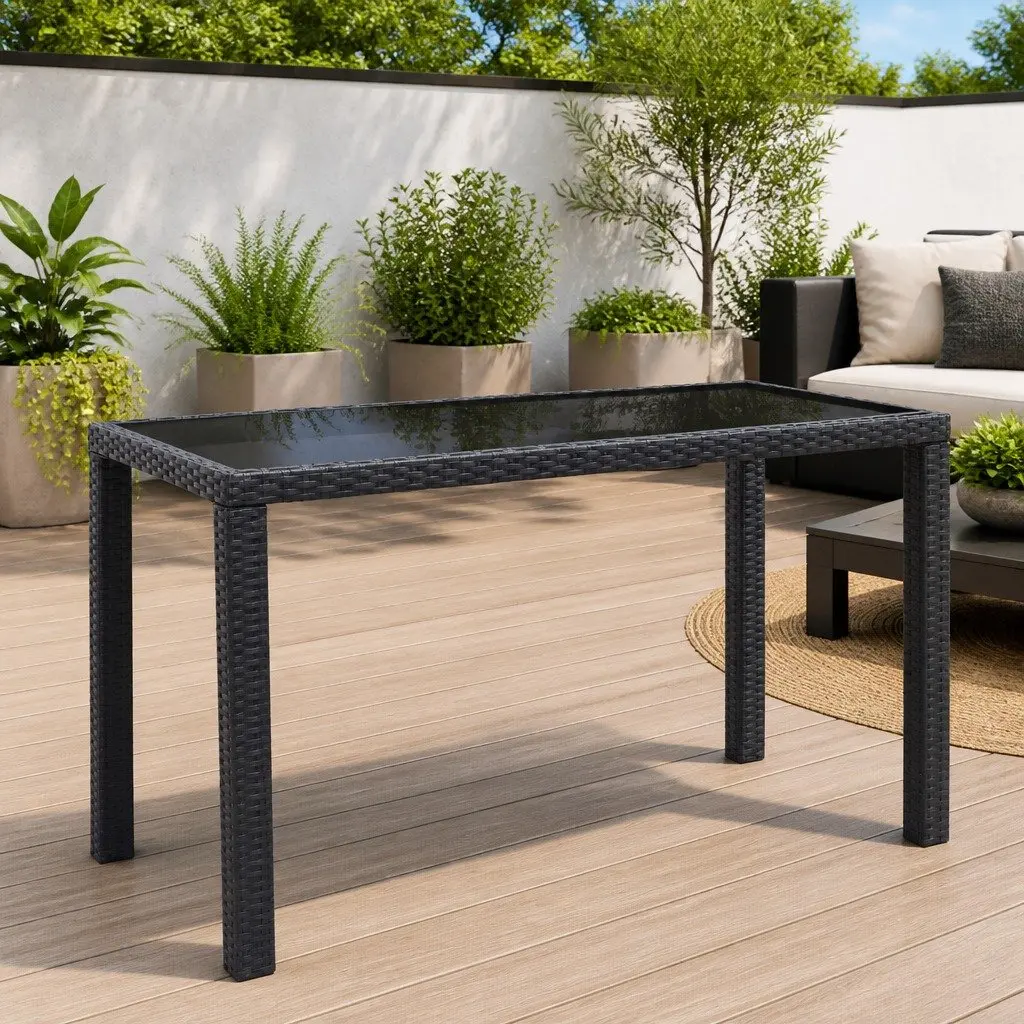 Garden Dining Table Outdoor Patio Furniture Black Glass Top Poly Rattan 123cm