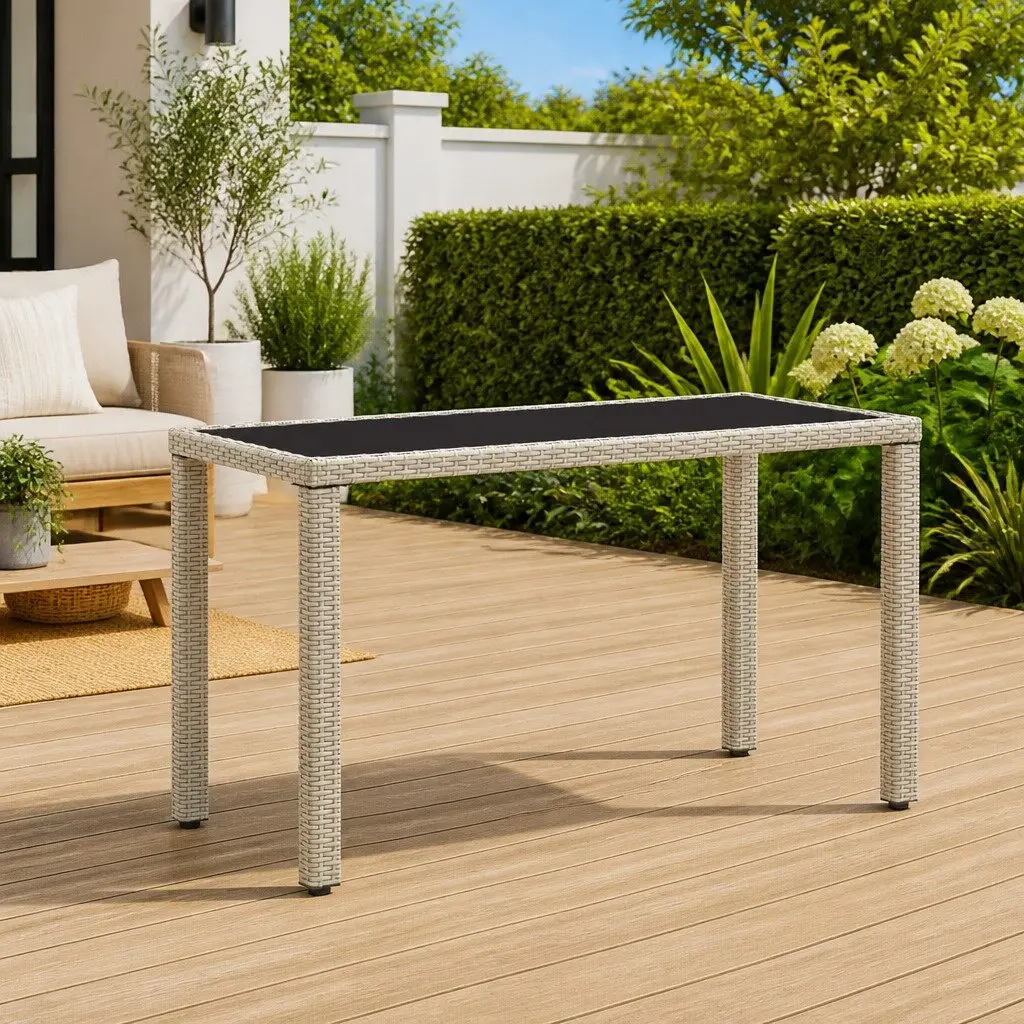 Garden Dining Table Outdoor Use Beige Poly Rattan Glass Top 123 x 60 x 74 cm