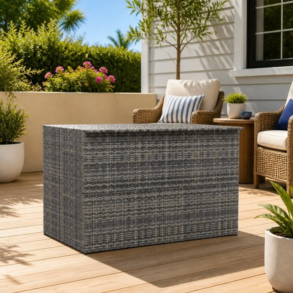 Outdoor Storage Box Grey Poly Rattan Garden Furniture Deck Patio Chest