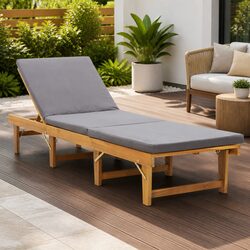 Folding Sun Lounger: Solid Acacia Wood & Grey Cushion