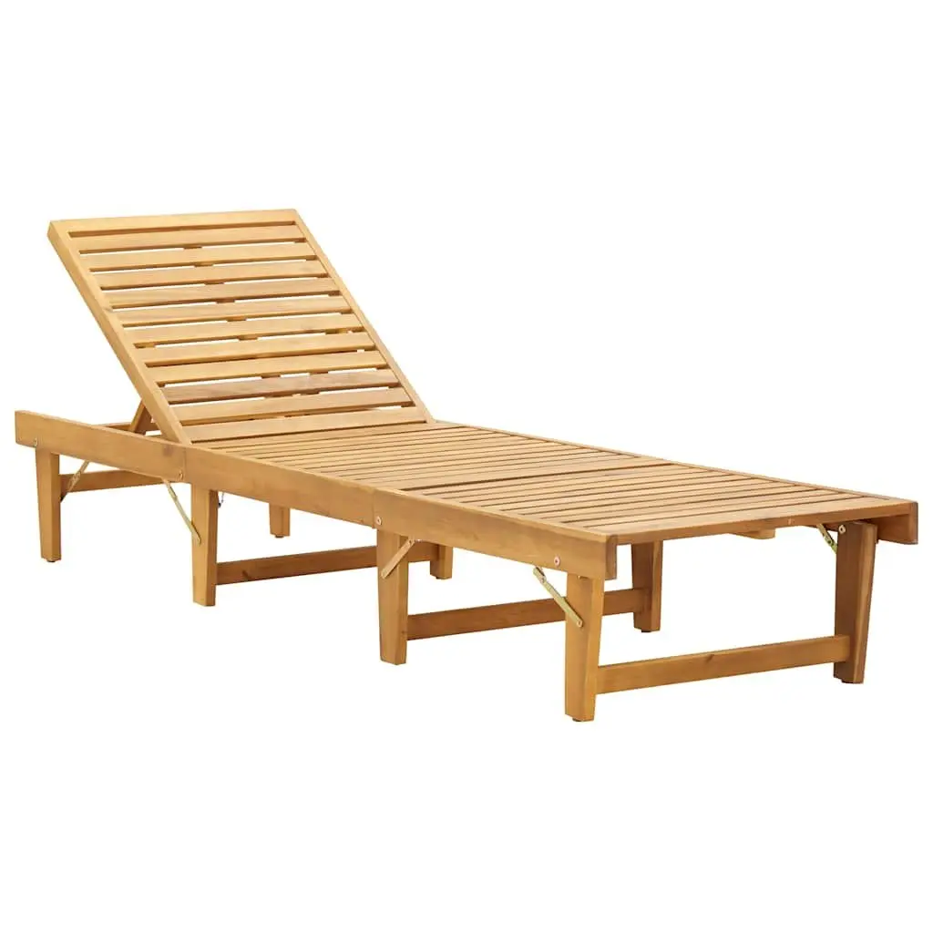 Folding Sun Lounger Chair Grey Cushion Solid Acacia Wood Garden Outdoor Patio