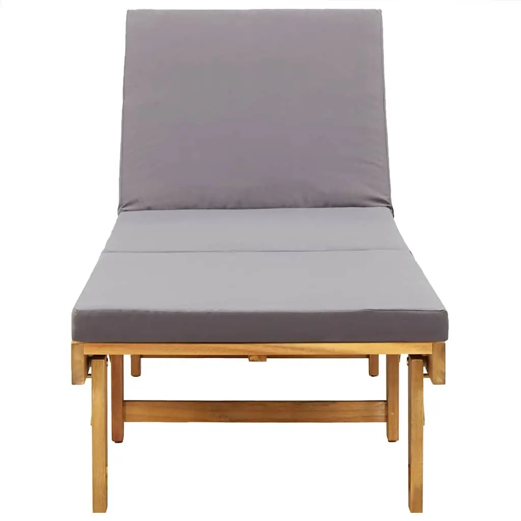 Folding Sun Lounger Chair Grey Cushion Solid Acacia Wood Garden Outdoor Patio