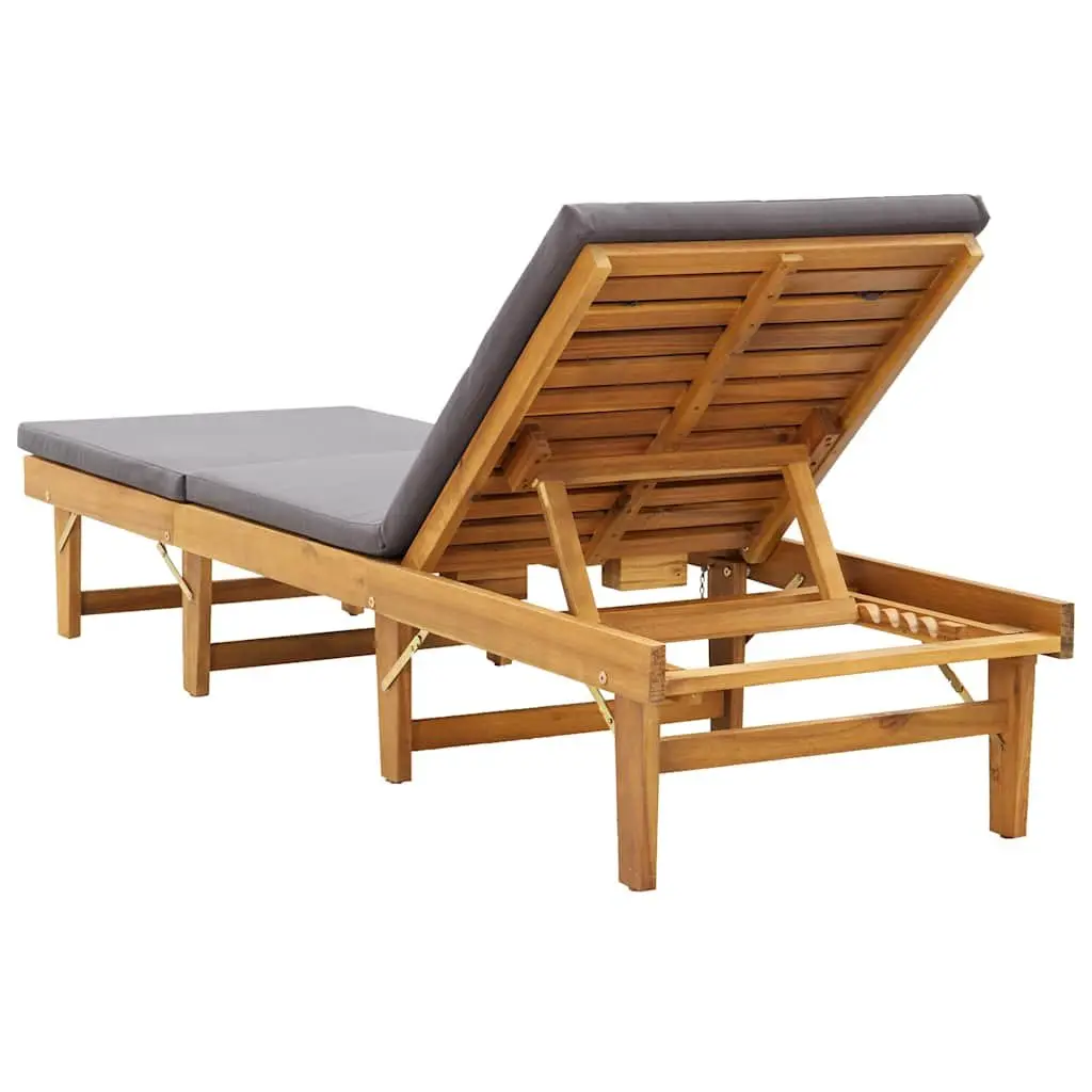 Folding Sun Lounger Chair Grey Cushion Solid Acacia Wood Garden Outdoor Patio