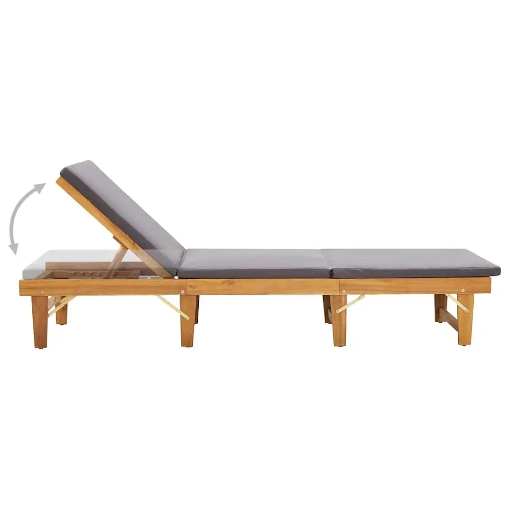 Folding Sun Lounger Chair Grey Cushion Solid Acacia Wood Garden Outdoor Patio